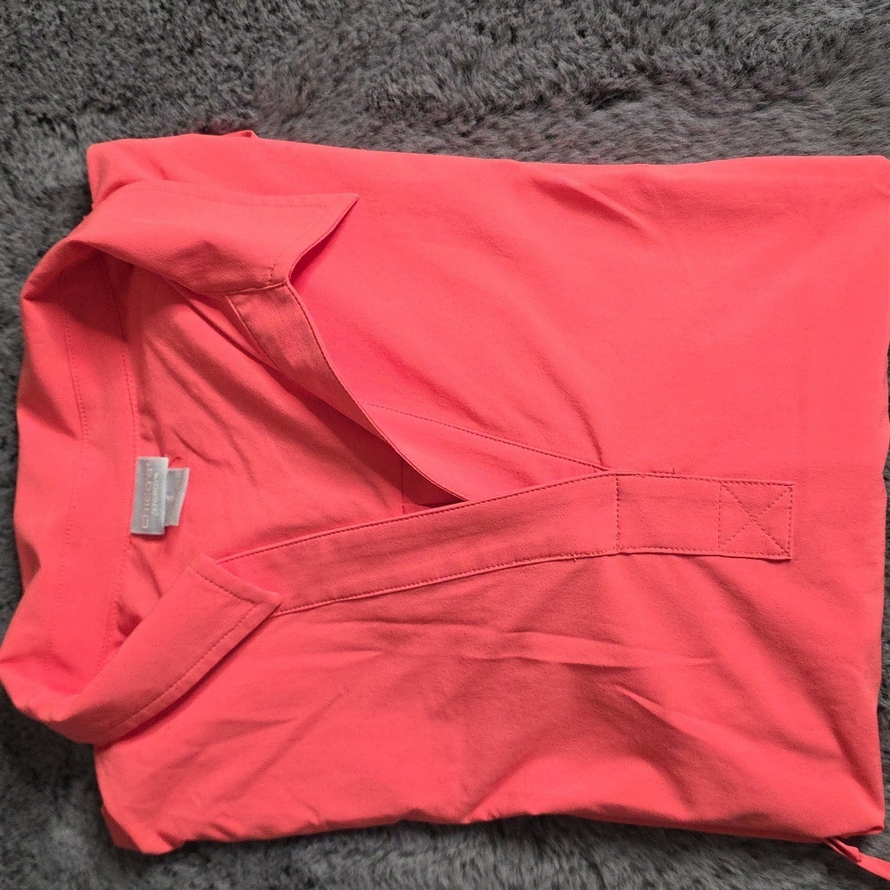 Chico's Pink Coral Henley Short Sleeve Fun Tie Sleeves Size 2 / Large 12/14